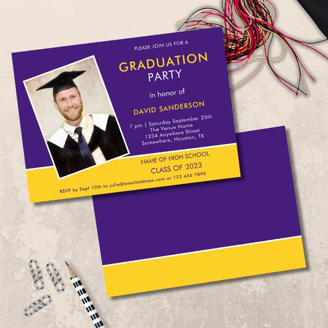 Invitation Simple Texte Photo Jaune Purple 2025 Graduation (front and back view)