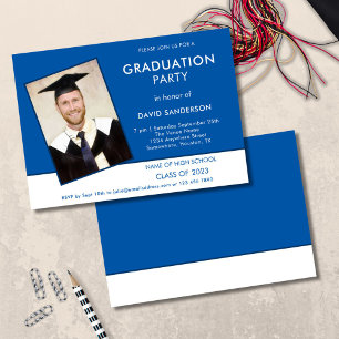 Invitation Simple texte photo remise de diplômes bleu blanc