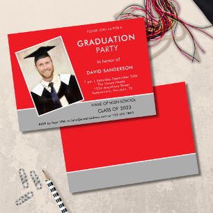 Invitation Simple Texte Photo Rouge Argent Diplômé  Envoi