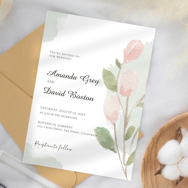 Invitation Simple Tulipe d'aquarelle et Mariage Feuille (Créateur téléchargé)