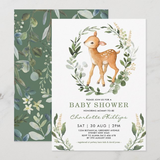 Invitation Simple verdure Baby shower neutre de cerfs de bois (Devant / Derrière)
