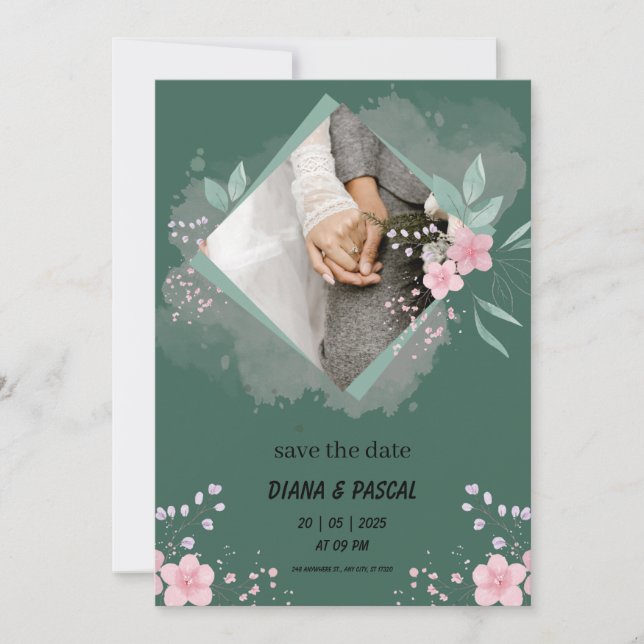 Invitation Simple Vert et Rose Save the Date (Devant)