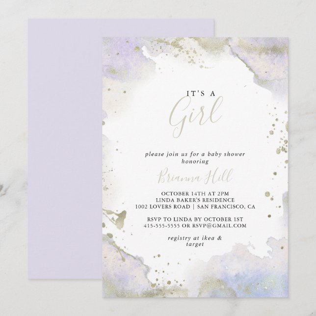 Invitation Simple violet minimaliste C'est un Baby shower de  (Devant / Derrière)