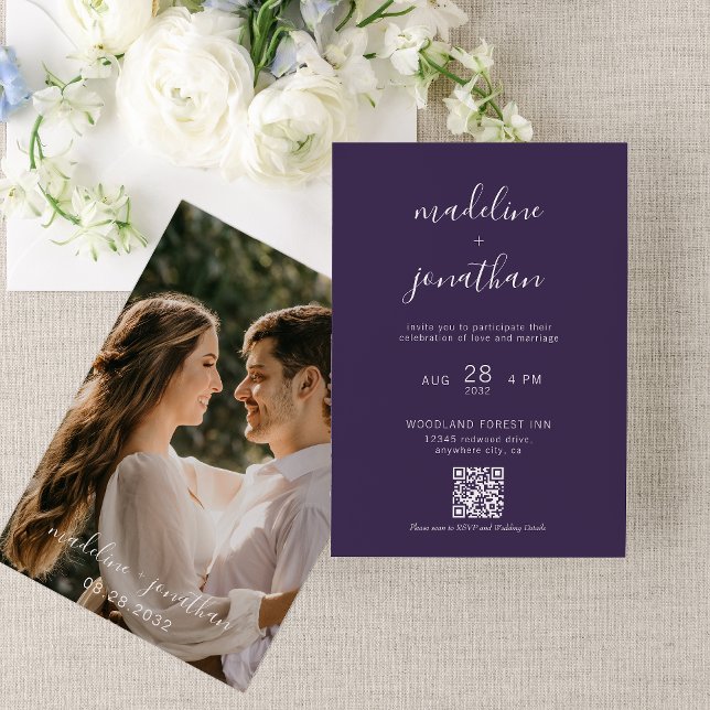 Invitation Simple Violet Violet Script Photo QR Code Mariage (Créateur téléchargé)