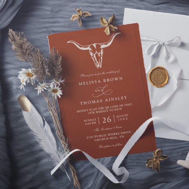 Invitation Simple Western Bohemian Cow Skull QR Code Wedding  (Créateur téléchargé)