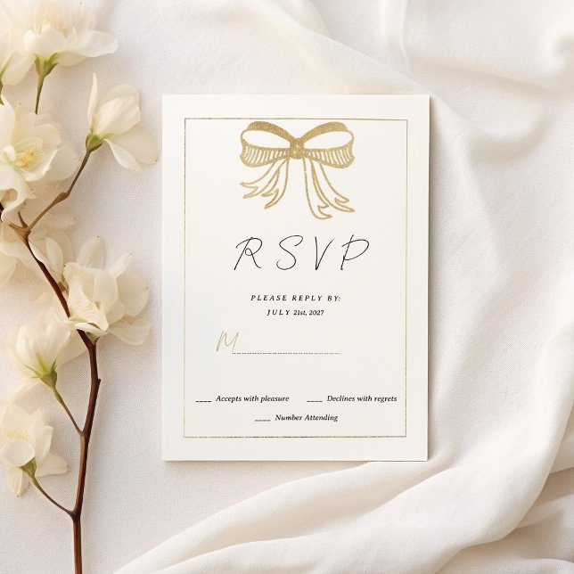 Invitation Simple white gold glitter bow ribbon RSVP  (Simple white gold glitter bow ribbon RSVP)