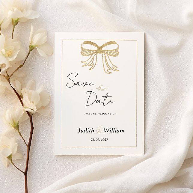 Invitation Simple white gold glitter bow ribbon Save the Date (Simple white gold glitter bow ribbon Save the Date)
