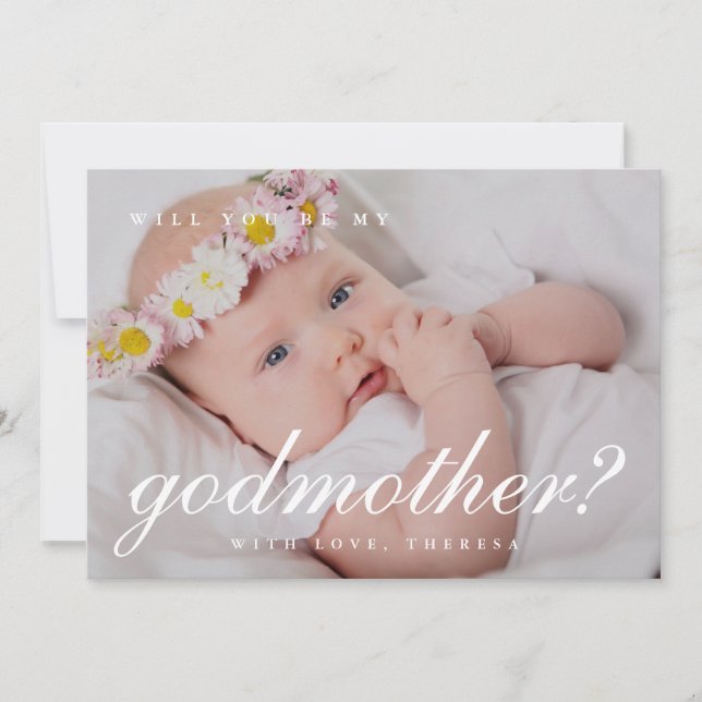 Invitation Simple White Script Godmère Proposition Photo (Devant)