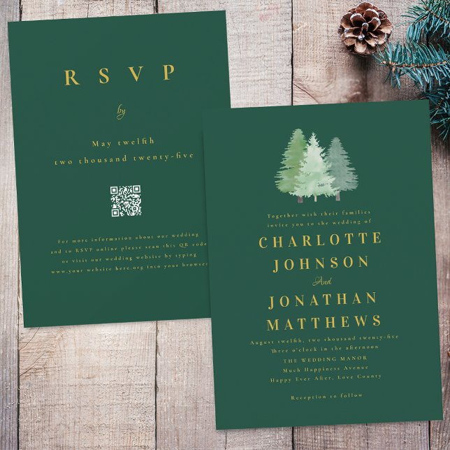 Invitation Simple Woodland Forest Gold Green Mariage QR Code (Simple modern woodland forest gold  Green wedding qr code invitation watercolor evergreen pine trees)