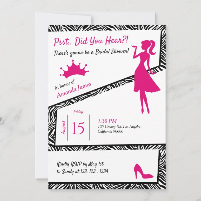 Invitation Simple Zebra avec Fête des mariées de détails rose (Devant)