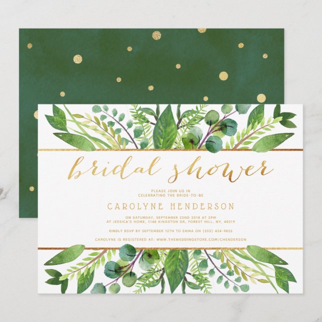 Invitation Simplement Chic Green & Gold Fête des mariées (Devant / Derrière)