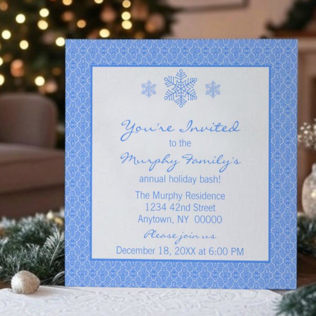 Invitation Simplement classique Damask Snowflakes Noël | Bleu (Blue Simply Classic Damask Snowflakes Christmas Party Invitation)