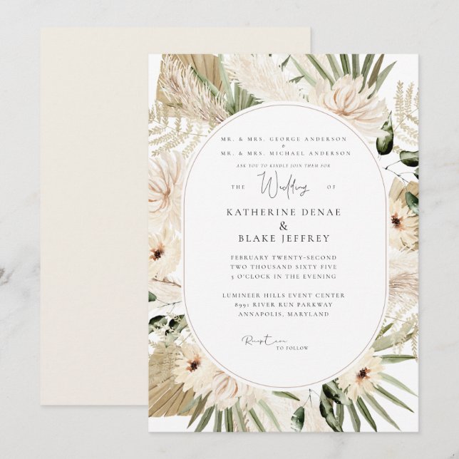 Invitation Simplement Élégant Mariage Pampas Les deux parents (Devant / Derrière)