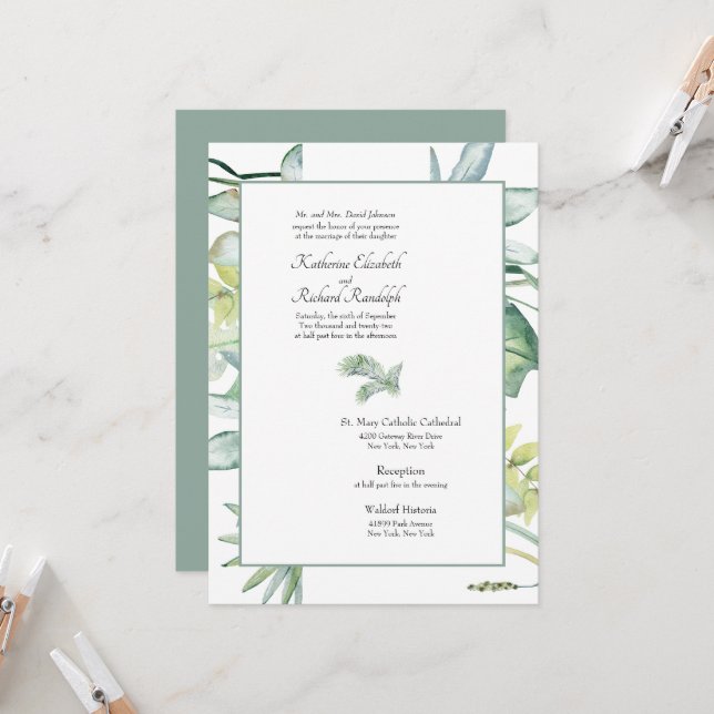 Invitation Simplement Élégant Mariage Tropical Palm Sage (Devant/Arrière en situation)