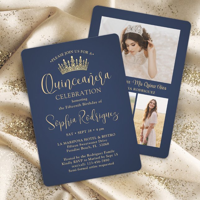 Invitation Simplement Élégant Quinceañera 3 Photo Bleu Nuit O (Créateur téléchargé)