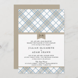 Invitation Simplement plaid bleu et Tan avec le mariage de