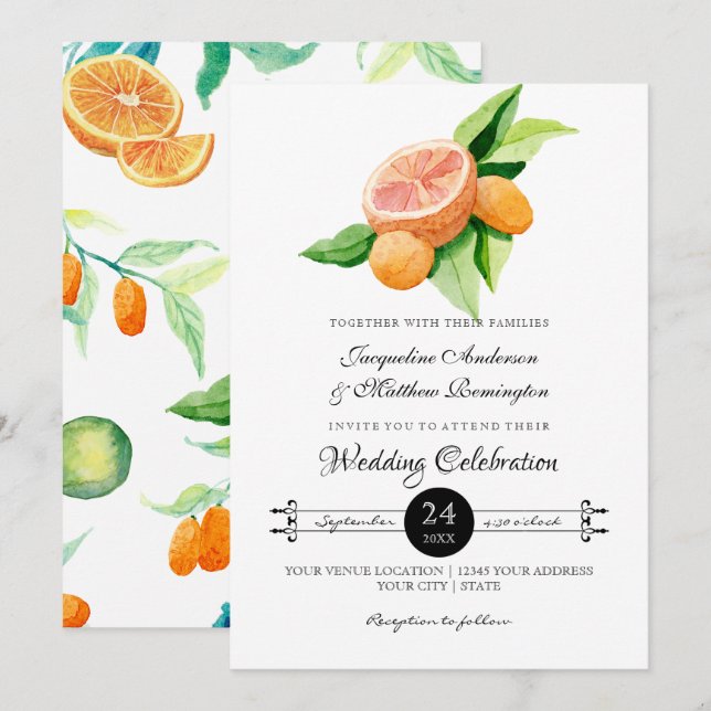 Invitation Simples feuilles de typographie d'orange Citrus Ku (Devant / Derrière)