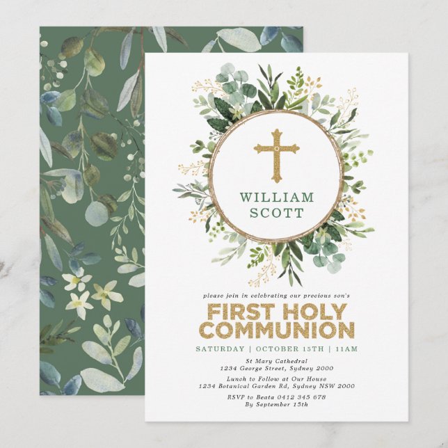 Invitation Simples verdure Or Feuilles Première Communion sai (Devant / Derrière)