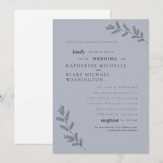 Invitation Simplicité Dusty Blue Parents Mariage du site Web (Devant / Derrière)