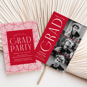 Invitation Simplicité moderne Red 3 Photo Graduation Party