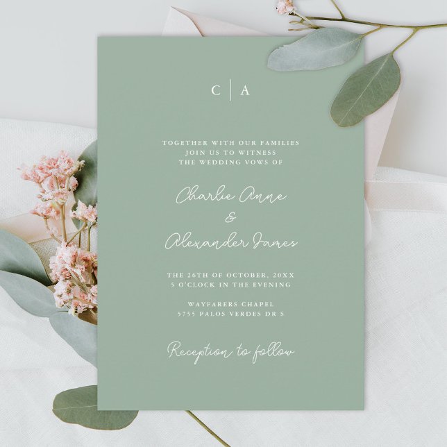 Invitation Simplicité | Monogramme minimaliste Sage vert (Créateur téléchargé)