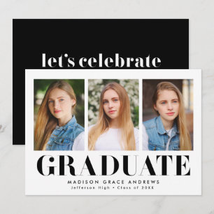 Invitation Simply Bold Black 3 Photo Graduation Party
