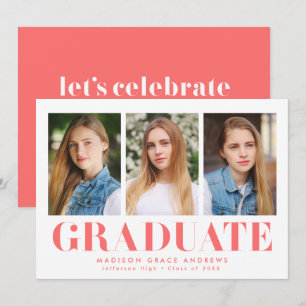 Invitation Simply Bold Coral 3 Photo Graduation Party