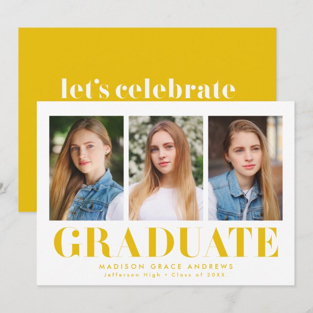 Invitation Simply Bold Yellow 3 Photo Graduation Party (Devant / Derrière)