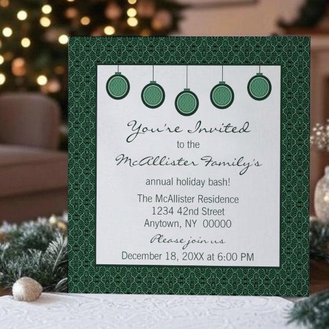 Invitation Simply Classic Damask Ornamers Green (Green Simply Classic Damask Ornaments Christmas Party Invitation)