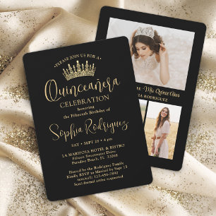 Invitation Simply Elegant Quinceañera 3 Photo Noir et Or
