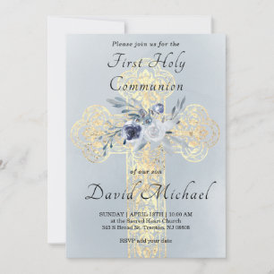 Invitation simulé feuille d'or Sainte Croix Première communio