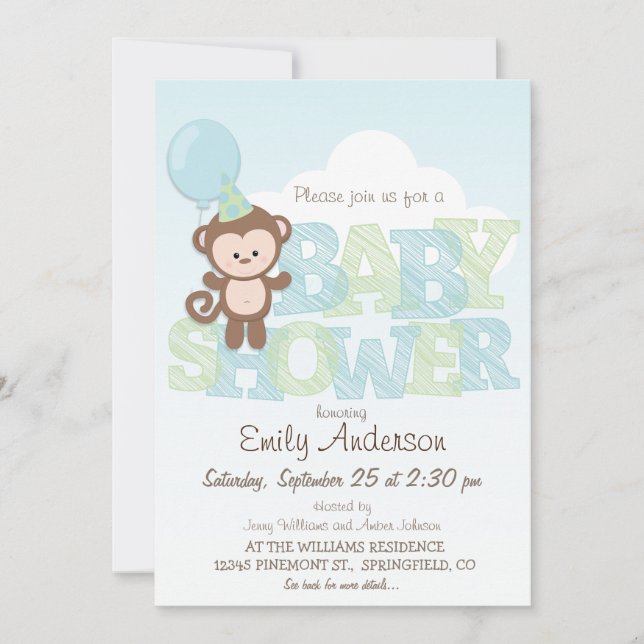 Invitation Singe mignon ; Baby shower bleu et vert (Devant)