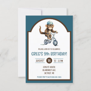 Invitation Singe mignonne à vélo fête d'anniversaire