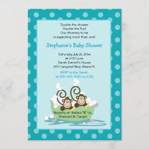 Invitation Singes soyeux dans le Baby shower Tub Twins - Aqua