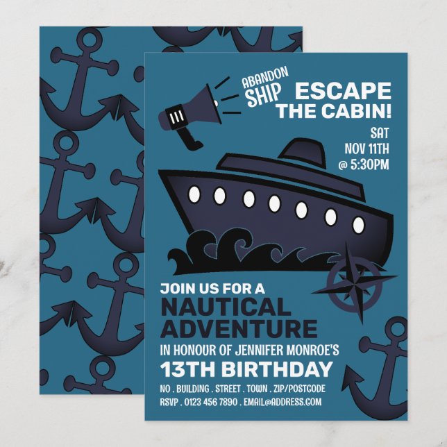 Invitation Sinking Ship Theme Escape Room, fête d'anniversair (Devant / Derrière)