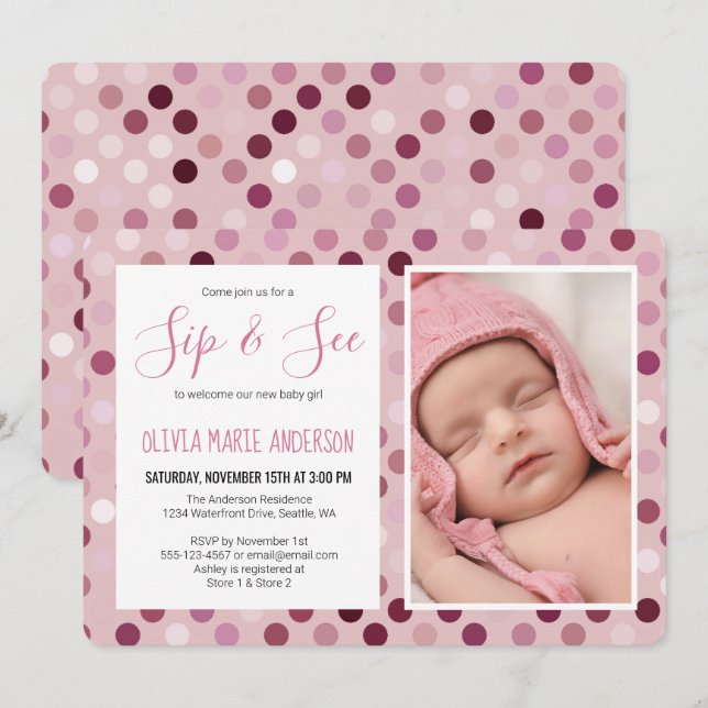 Invitation Sip and See Baby Girl Douche Photo Pink Polka Dot (Devant / Derrière)