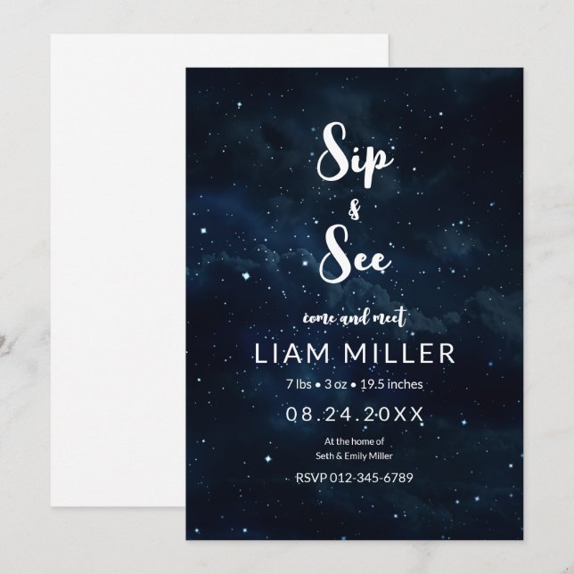 Invitation Sip and See Baby shower, Starry Night Minimalist (Devant / Derrière)