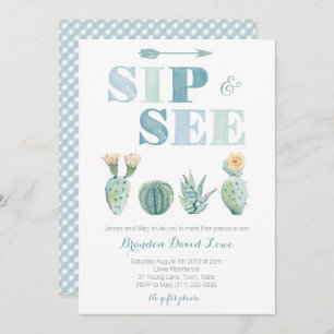 Invitation Sip and See for boy with watercolor cactus, en vic