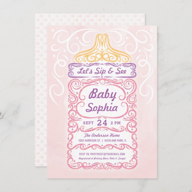 Invitation Sip et voir bébé bouteille fille (Devant / Derrière)