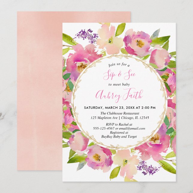 Invitation Sip et voir bébé fille rose pâle rose pastel flora (Devant / Derrière)