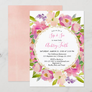 Invitation Sip et voir bébé fille rose pâle rose pastel flora