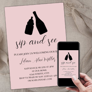 Invitation Sip Et Voir Minimaliste Baby shower Rose Vierge