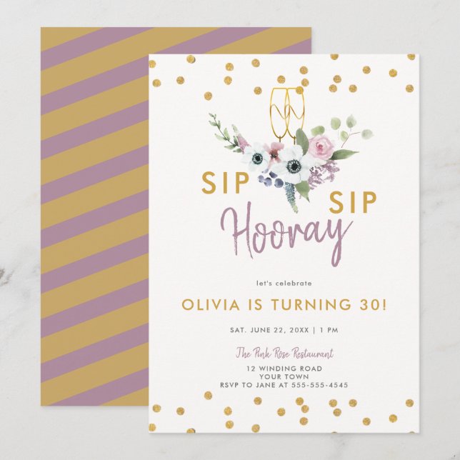 Invitation Sip Hooray Bubbly Floral Rose Gold 30e anniversair (Devant / Derrière)