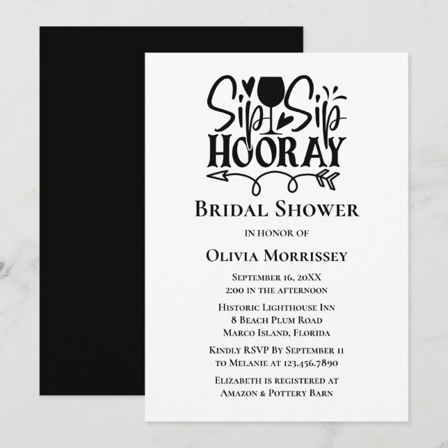 Invitation Sip Hooray - Fête de l'mariée de typographie blanc (Devant / Derrière)