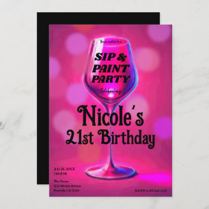 Invitation Sip & Paint Vin Rose Verre 21e fête d'anniversaire