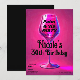 Invitation Sip & Paint Vin Rose Verre Adulte Anniversaire