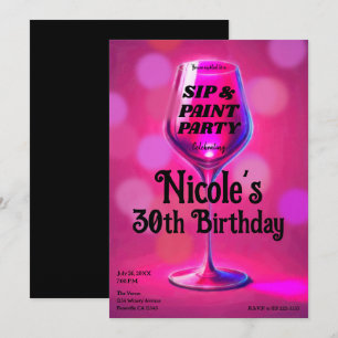 Invitation Sip & Paint Vin Rose Verre Adulte Anniversaire