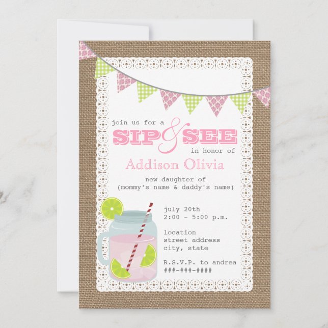 Invitation Sip rose de limonade inspiré par toile de jute et (Devant)