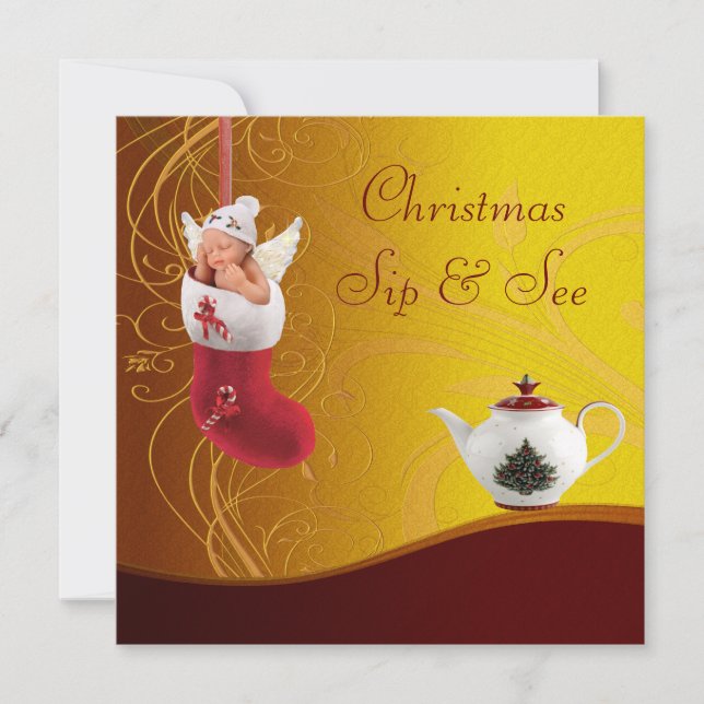 Invitation Sip & See Baby in Christmas Stocker Baby shower (Devant)