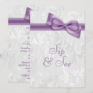 Invitation Sip & See Damassé Blanc et Nœud Papillon Faux Viol